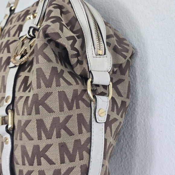 Michael Kors Handbag Bedford Women Medium Logo Jacquard Satchel Beige Vanilla - Picture 6 of 15